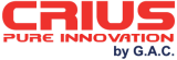 CRIUS logo featuring the bold red 'CRIUS' with the tagline 'PURE INNOVATION' and 'by G.A.C.' in blue.